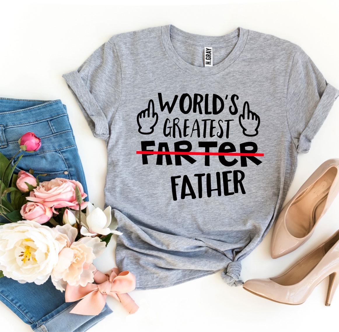 World's Greatest Farter Father T-shirt in various sizes, showcasing humorous print and premium cotton fabric.