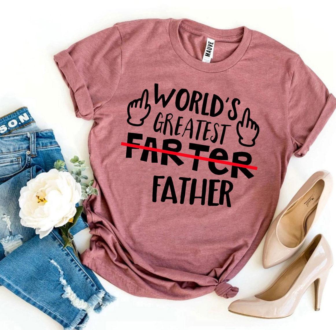 World's Greatest Farter Father T-shirt in various sizes, showcasing humorous print and premium cotton fabric.