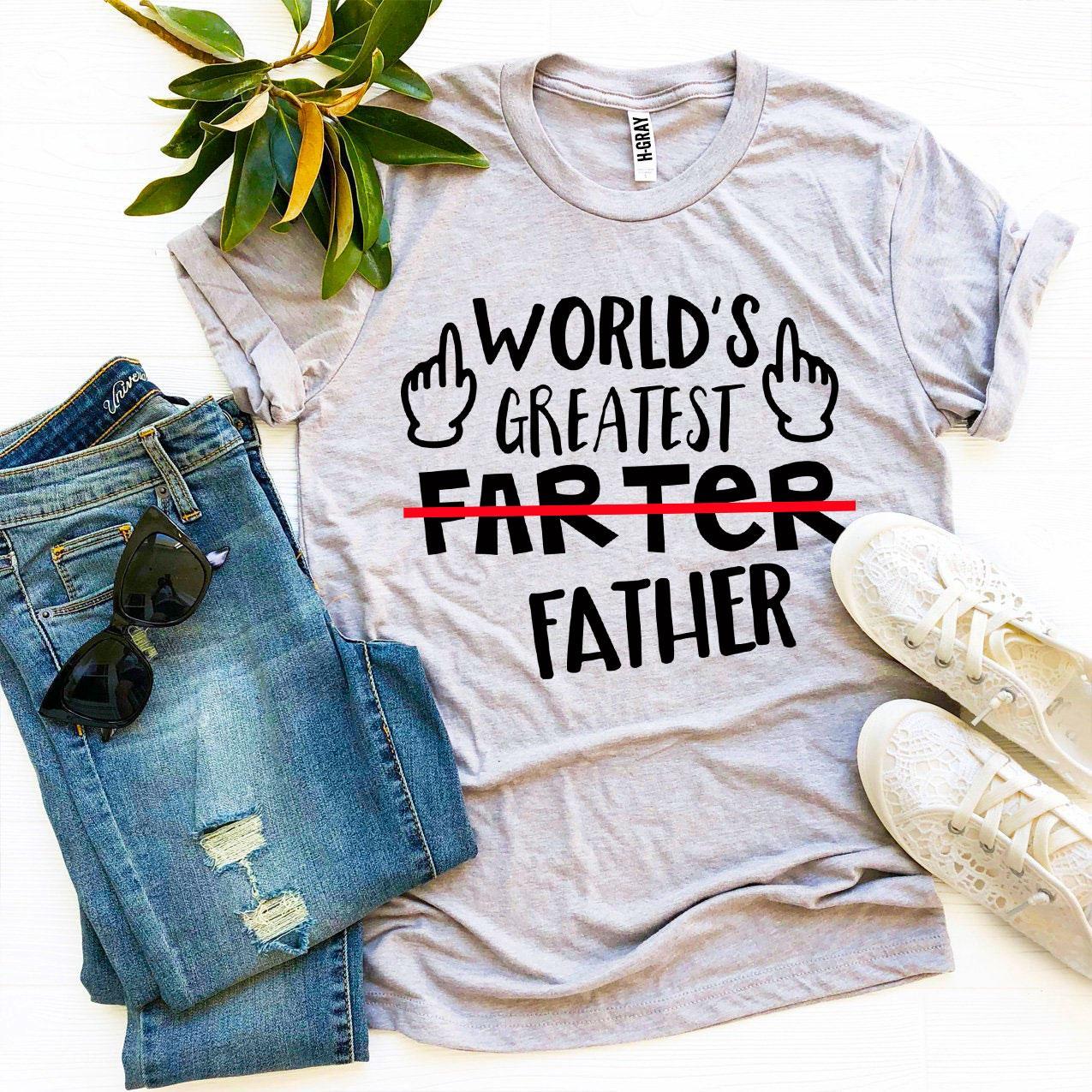 World's Greatest Farter Father T-shirt in various sizes, showcasing humorous print and premium cotton fabric.