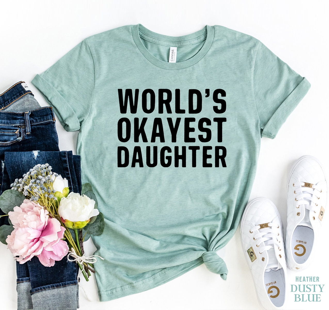 A soft, premium quality t-shirt featuring the humorous text 'World's Okayest Daughter' in a stylish design.