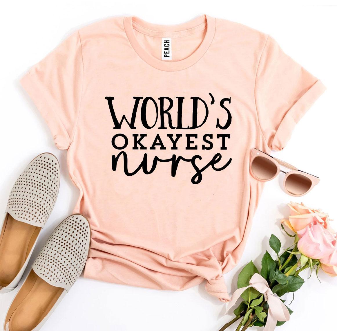 World’s Okayest Nurse T-shirt made of premium ring spun cotton with a humorous print, available in various sizes.