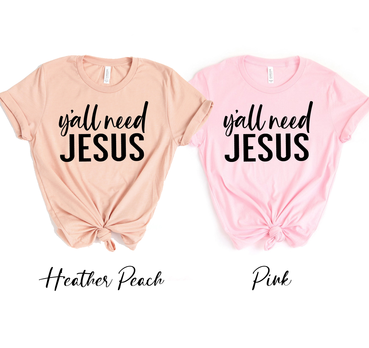 Y'all Need Jesus T-shirt in various sizes, showcasing its unisex design and soft fabric.