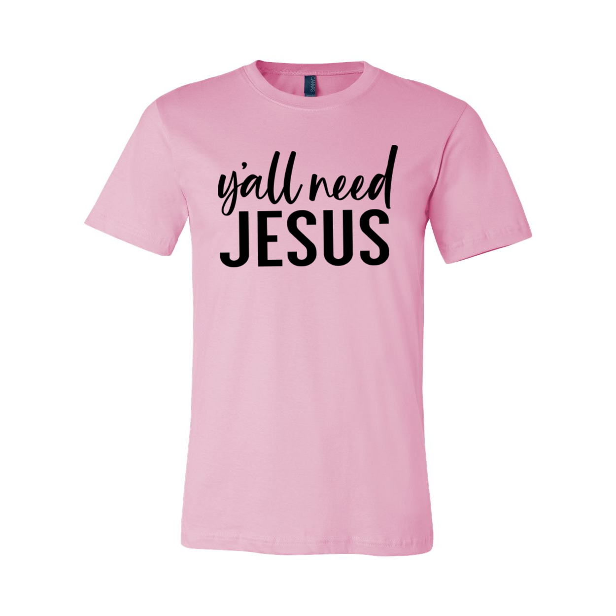 Y'all Need Jesus T-shirt in various sizes, showcasing its unisex design and soft fabric.