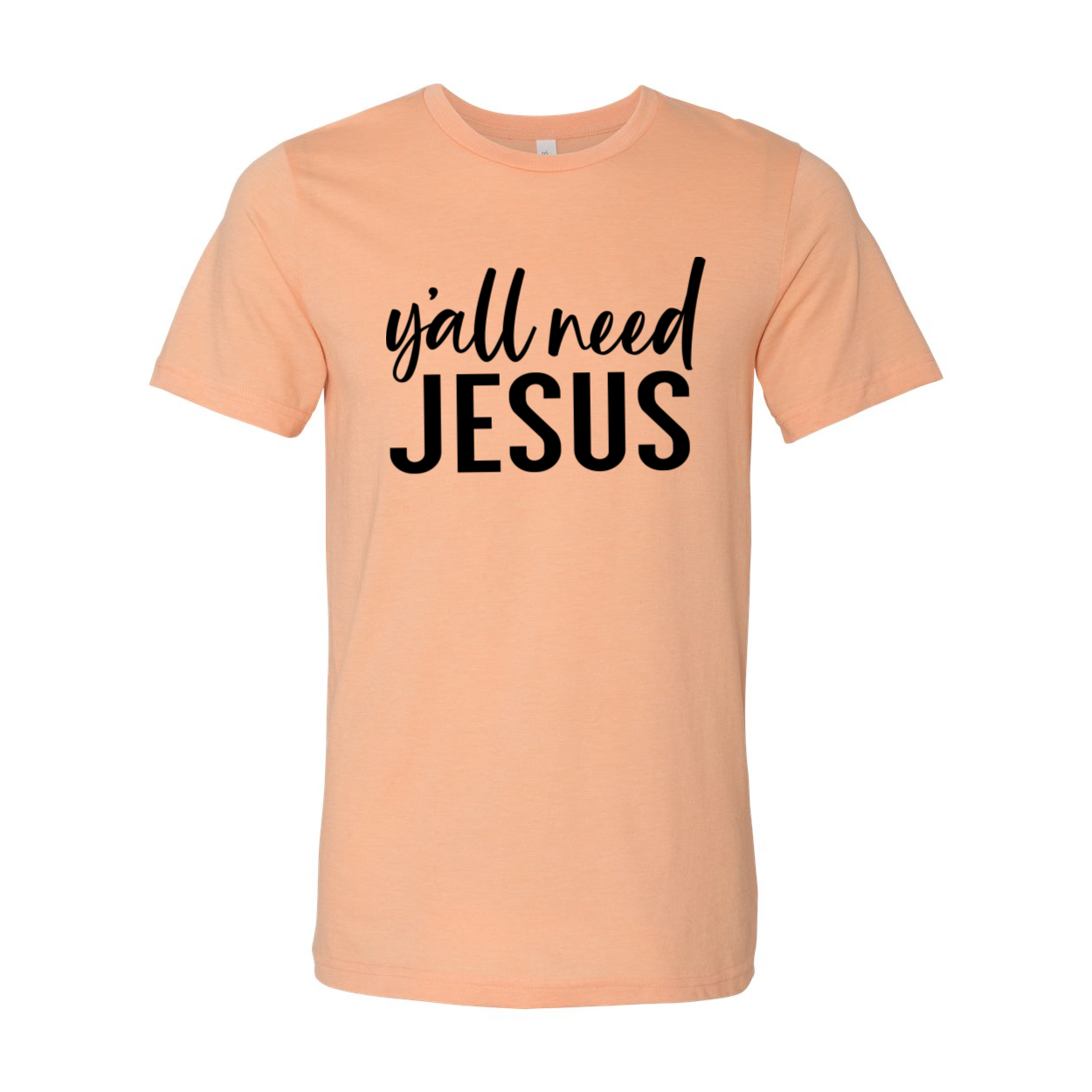 Y'all Need Jesus T-shirt in various sizes, showcasing its unisex design and soft fabric.