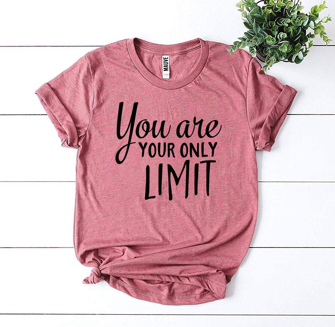 You Are Your Only Limit T-shirt in premium ring spun cotton with a motivational print, available in various sizes.