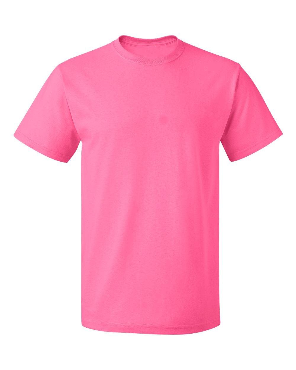 Five-pack of women's crew neck short sleeve t-shirts in neon pink, neon yellow, neon lime, black, and white, showcasing vibrant colors and soft cotton fabric.