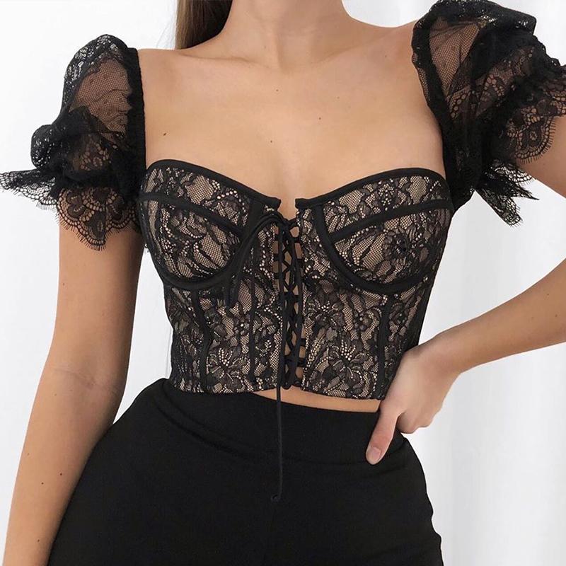 A stylish black lace-up mesh crop top designed for women, featuring a sexy and trendy look suitable for clubbing and casual outings.