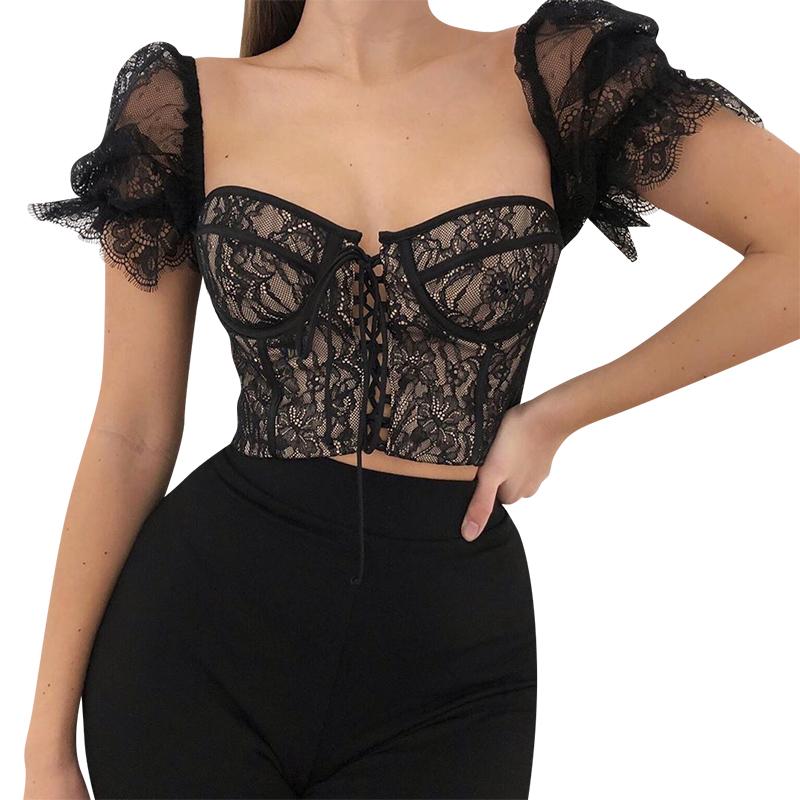 A stylish black lace-up mesh crop top designed for women, featuring a sexy and trendy look suitable for clubbing and casual outings.