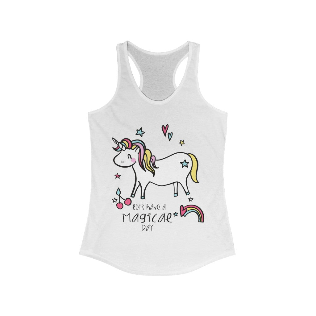 A stylish unicorn-themed racerback tank top featuring a slim fit design, made from soft cotton and polyester blend fabric.