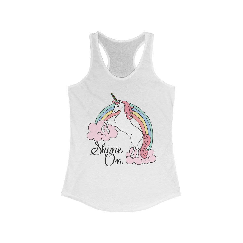 Shine On Unicorn Racerback Tank Top featuring a vibrant unicorn design, slim fit, and lightweight fabric.
