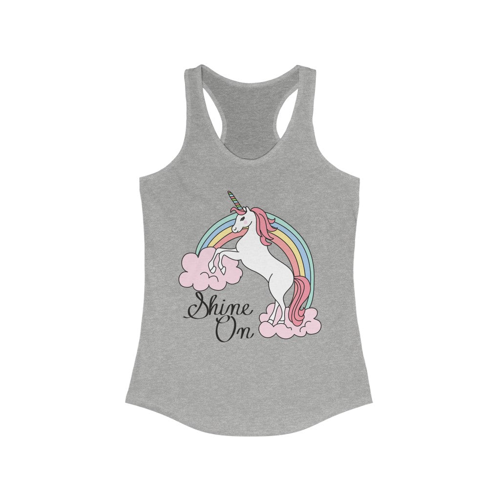 Shine On Unicorn Racerback Tank Top featuring a vibrant unicorn design, slim fit, and lightweight fabric.