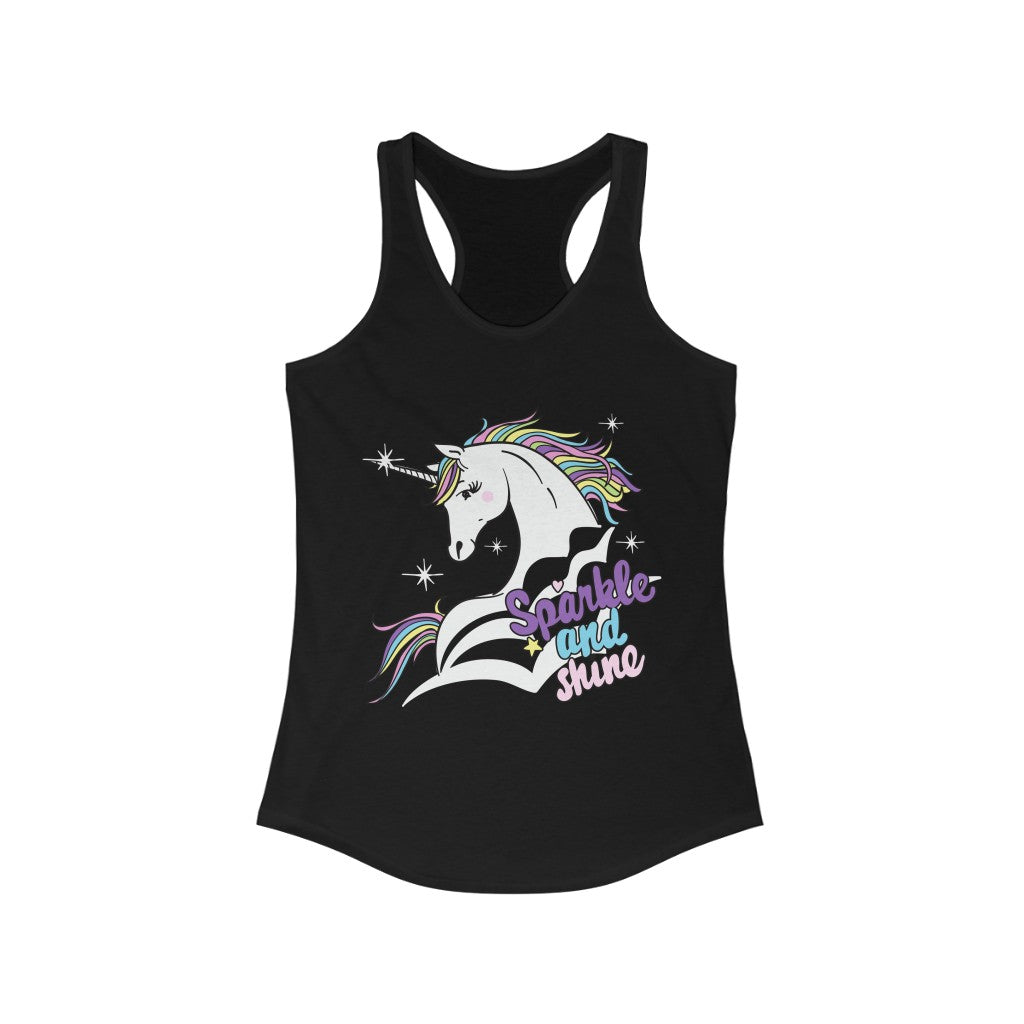Sparkle and Shine Unicorn Racerback Tank Top featuring a colorful unicorn design on a slim fit, lightweight fabric.