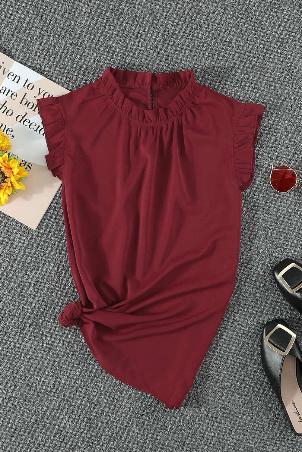 Summer Red Crew Neck Flounced Tank Top featuring a stylish flounce design and comfortable sleeveless fit, perfect for summer wear.