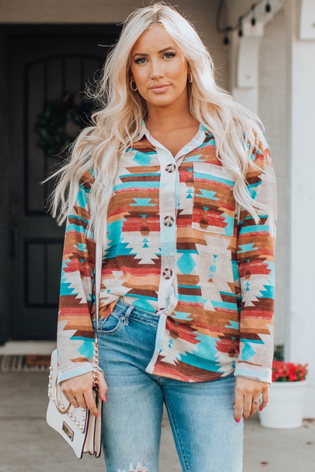 Aztec Buttoned Pocket Chest Shirt Shacket featuring a unique print, buttoned pockets, and long sleeves, perfect for casual and Western styles.
