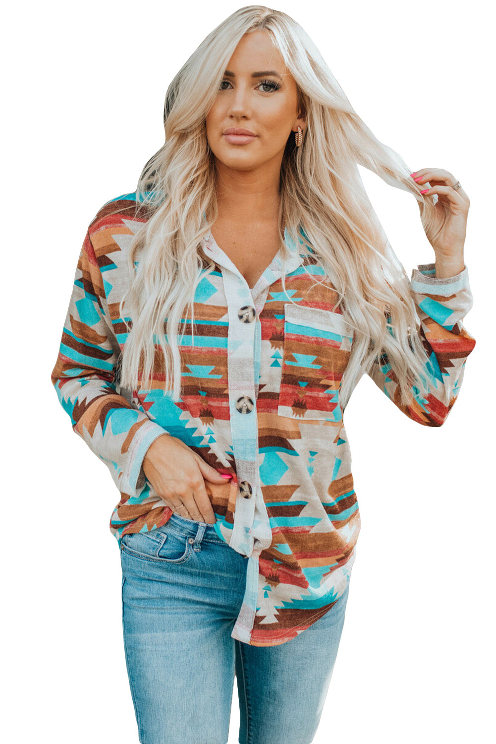 Aztec Buttoned Pocket Chest Shirt Shacket featuring a unique print, buttoned pockets, and long sleeves, perfect for casual and Western styles.