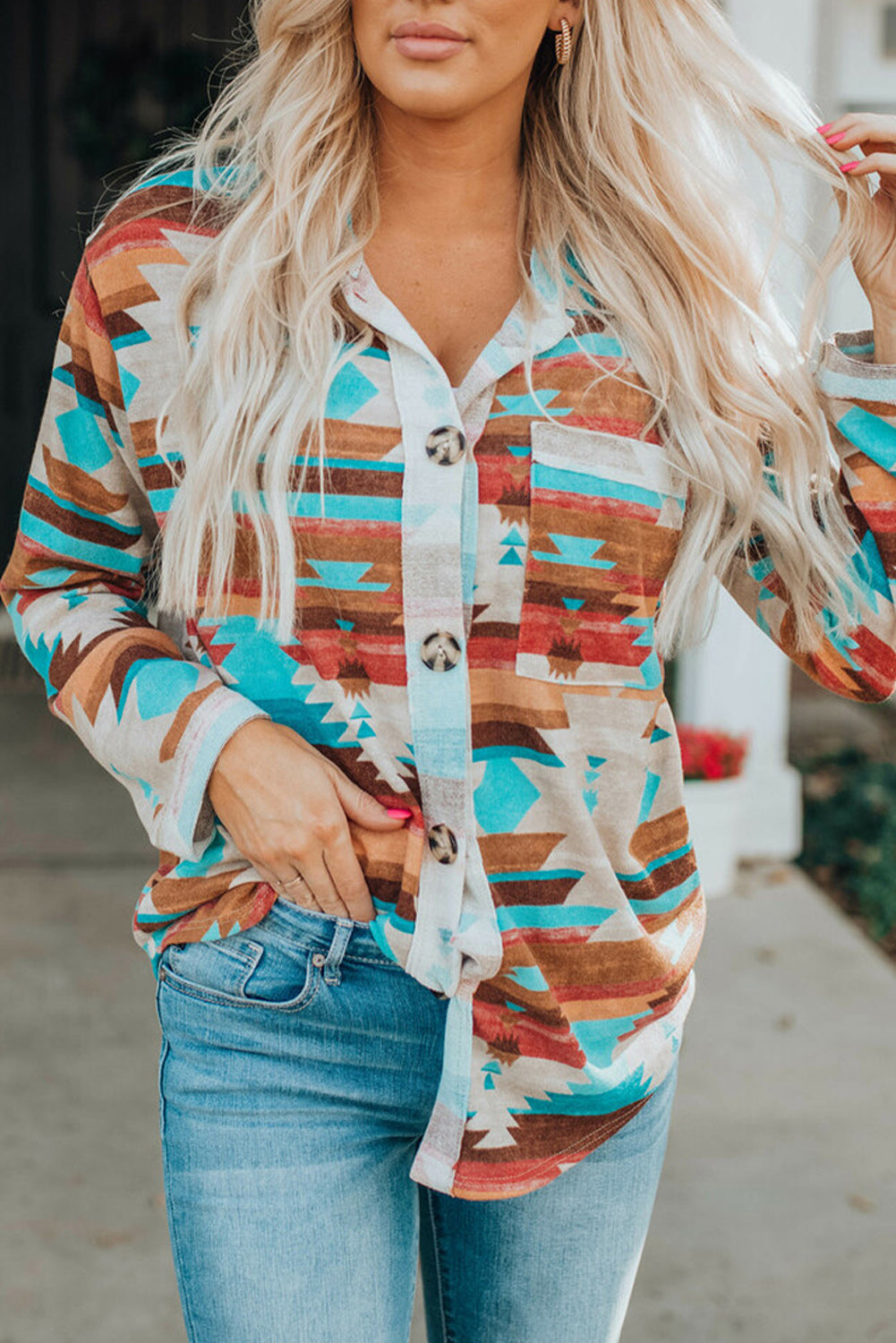 Aztec Buttoned Pocket Chest Shirt Shacket featuring a unique print, buttoned pockets, and long sleeves, perfect for casual and Western styles.
