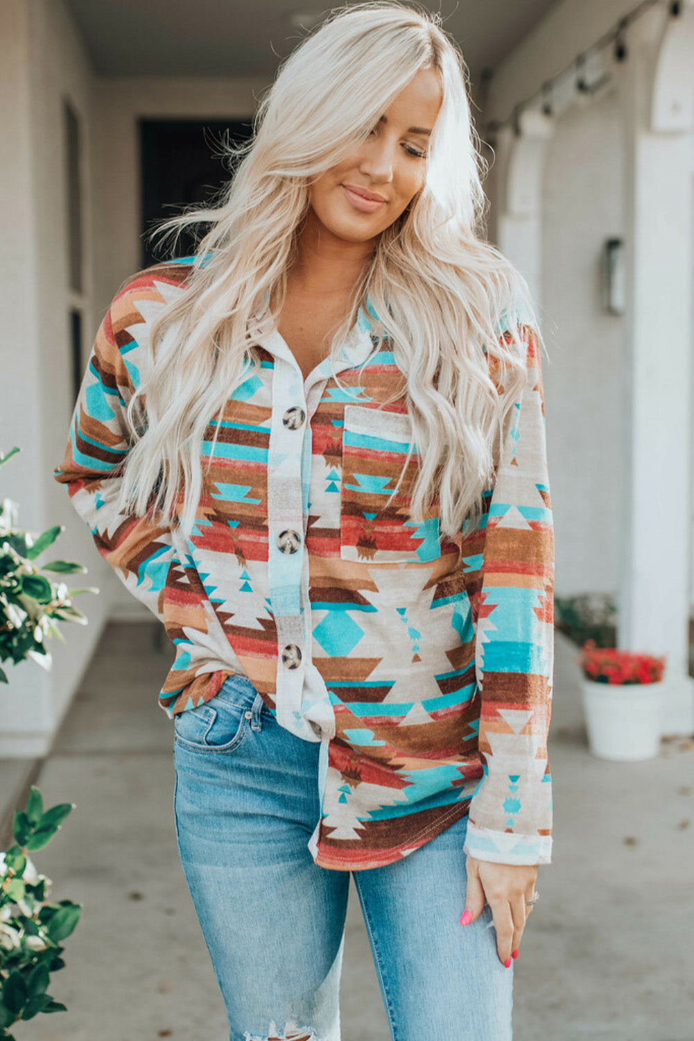 Aztec Buttoned Pocket Chest Shirt Shacket featuring a unique print, buttoned pockets, and long sleeves, perfect for casual and Western styles.