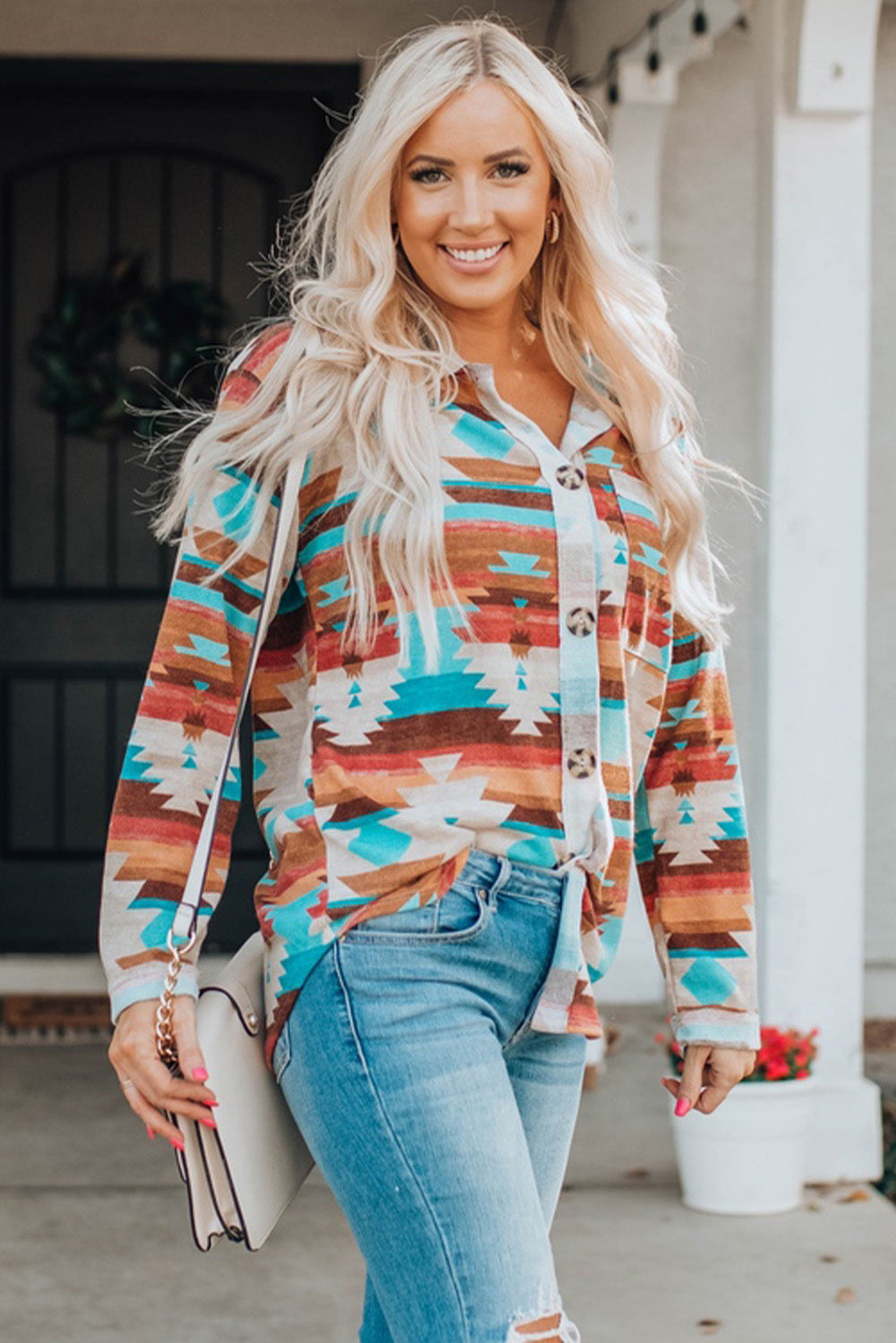 Aztec Buttoned Pocket Chest Shirt Shacket featuring a unique print, buttoned pockets, and long sleeves, perfect for casual and Western styles.