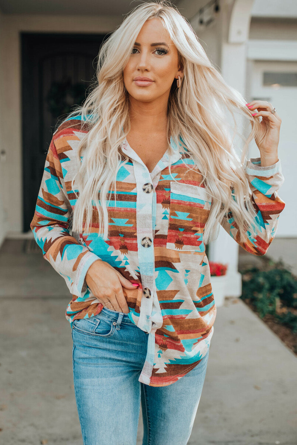 Aztec Buttoned Pocket Chest Shirt Shacket featuring a unique print, buttoned pockets, and long sleeves, perfect for casual and Western styles.