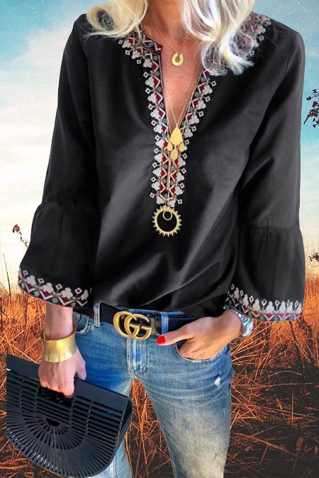 Black bohemian floral V-neck long sleeve casual top, featuring a stylish print and comfortable fit, perfect for spring and autumn wear.