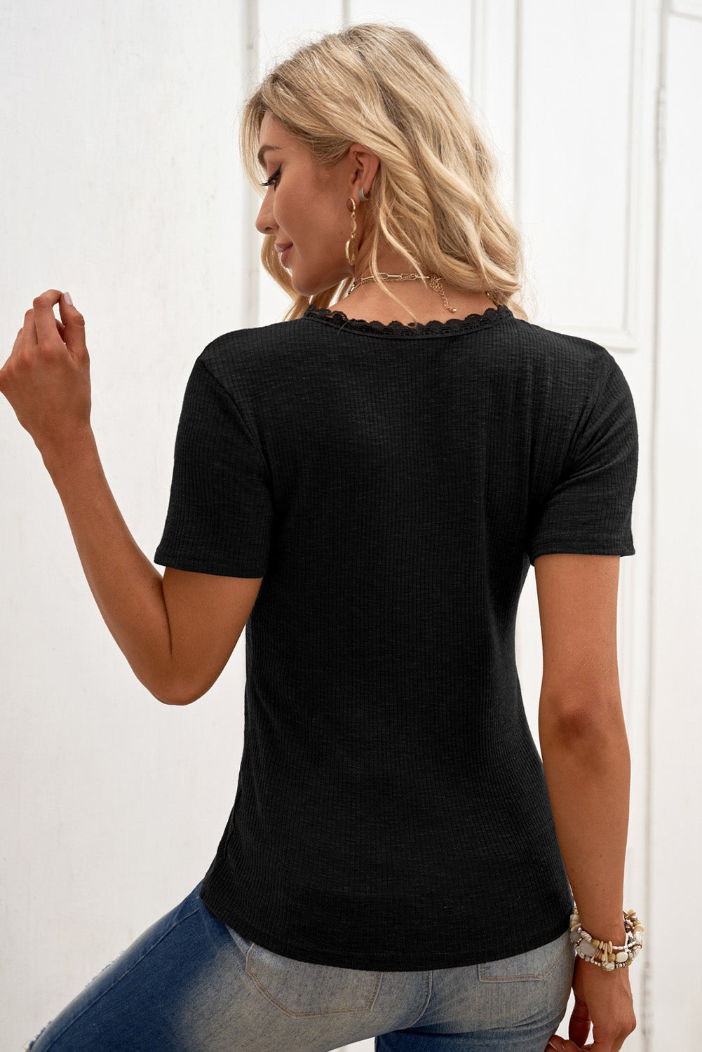 Black Crew Neck Buttoned Ribbed Knit Short Sleeve Top, featuring a stylish design with buttons and ribbed texture, perfect for summer wear.