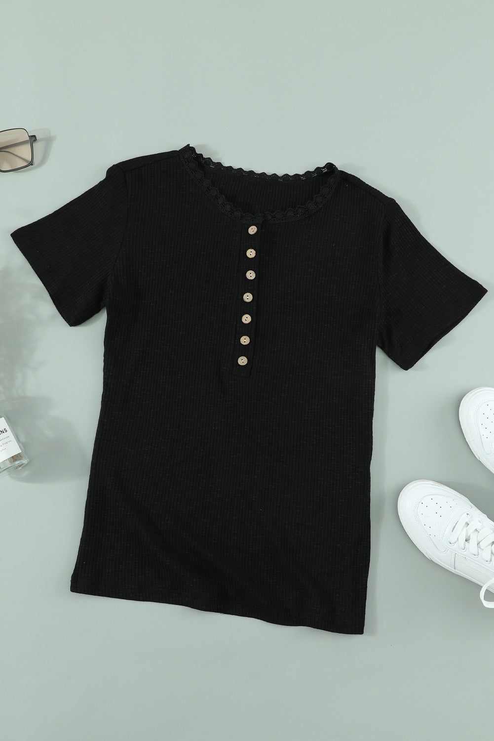 Black Crew Neck Buttoned Ribbed Knit Short Sleeve Top, featuring a stylish design with buttons and ribbed texture, perfect for summer wear.