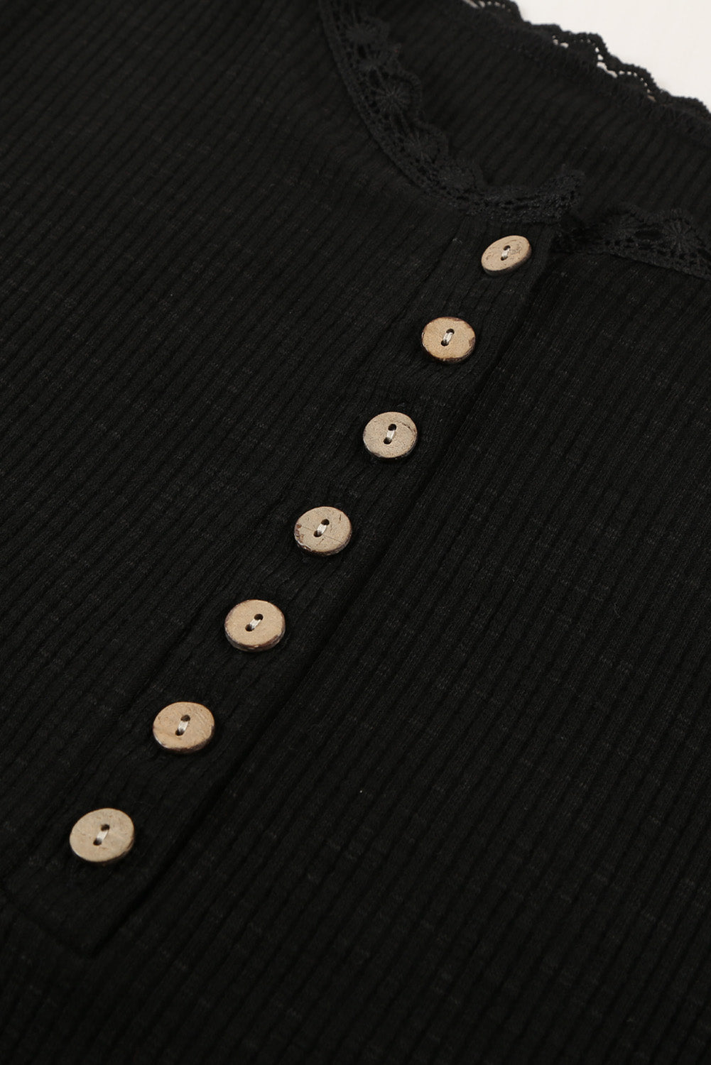 Black Crew Neck Buttoned Ribbed Knit Short Sleeve Top, featuring a stylish design with buttons and ribbed texture, perfect for summer wear.