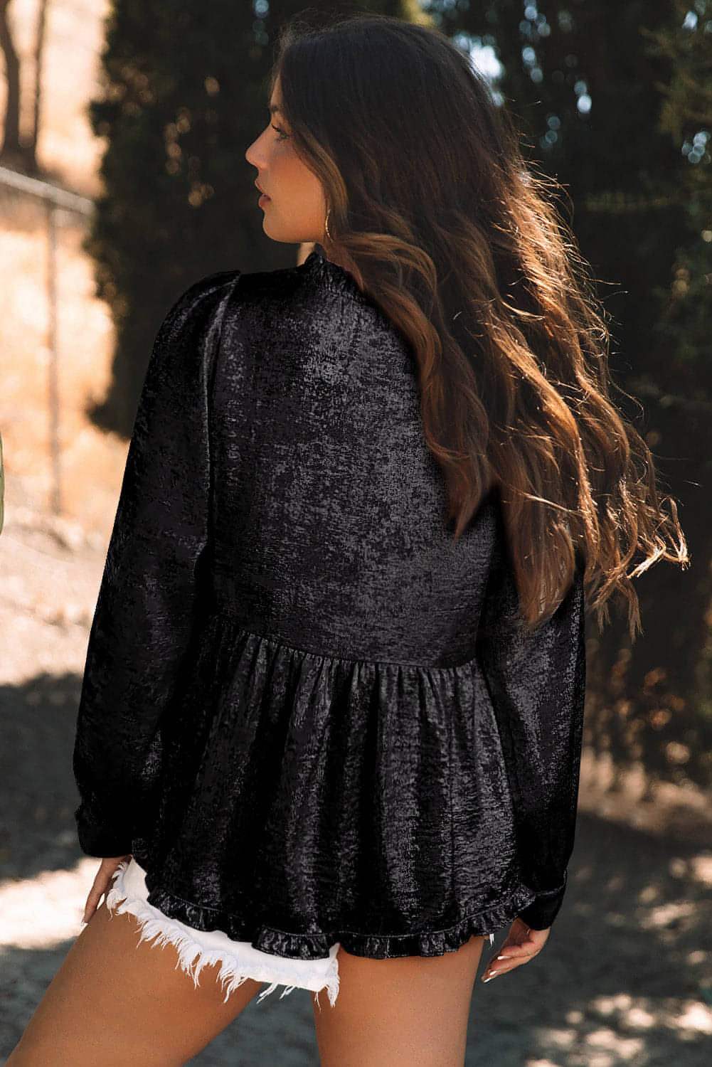 Main Black Metallic Frilled V Neck Puff Sleeve Babydoll Blouse image