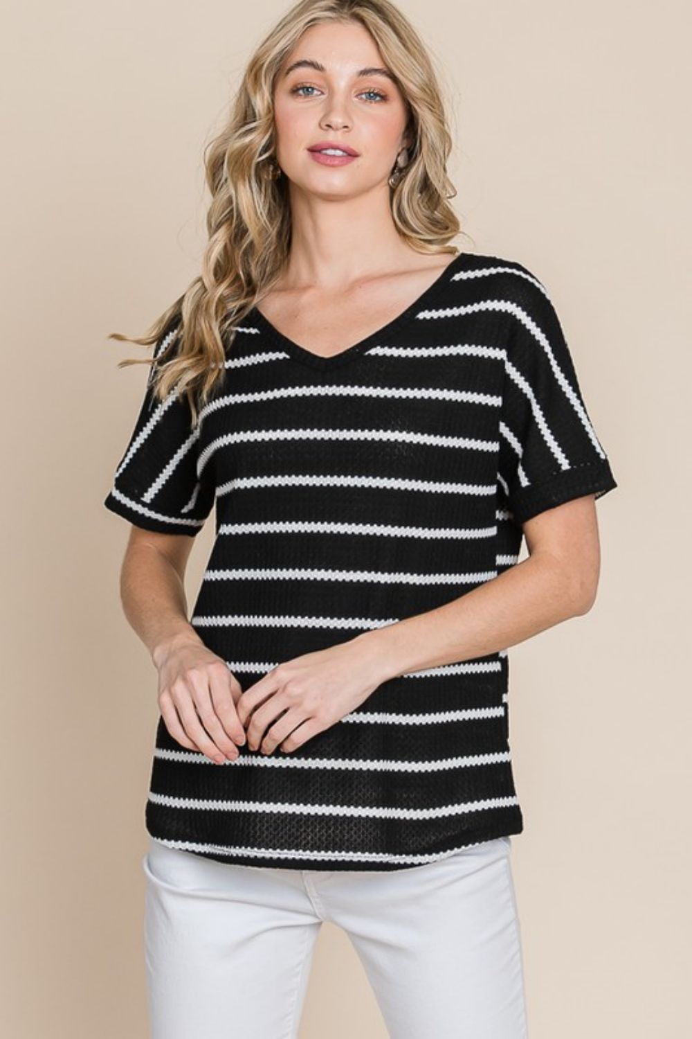 BOMBOM Simple Goals Waffle Knit Striped Tee featuring a chic v-neck and textured stripes, perfect for casual styling.