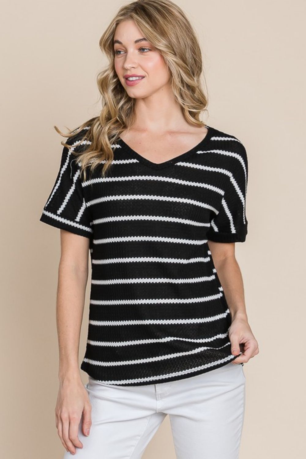 BOMBOM Simple Goals Waffle Knit Striped Tee featuring a chic v-neck and textured stripes, perfect for casual styling.
