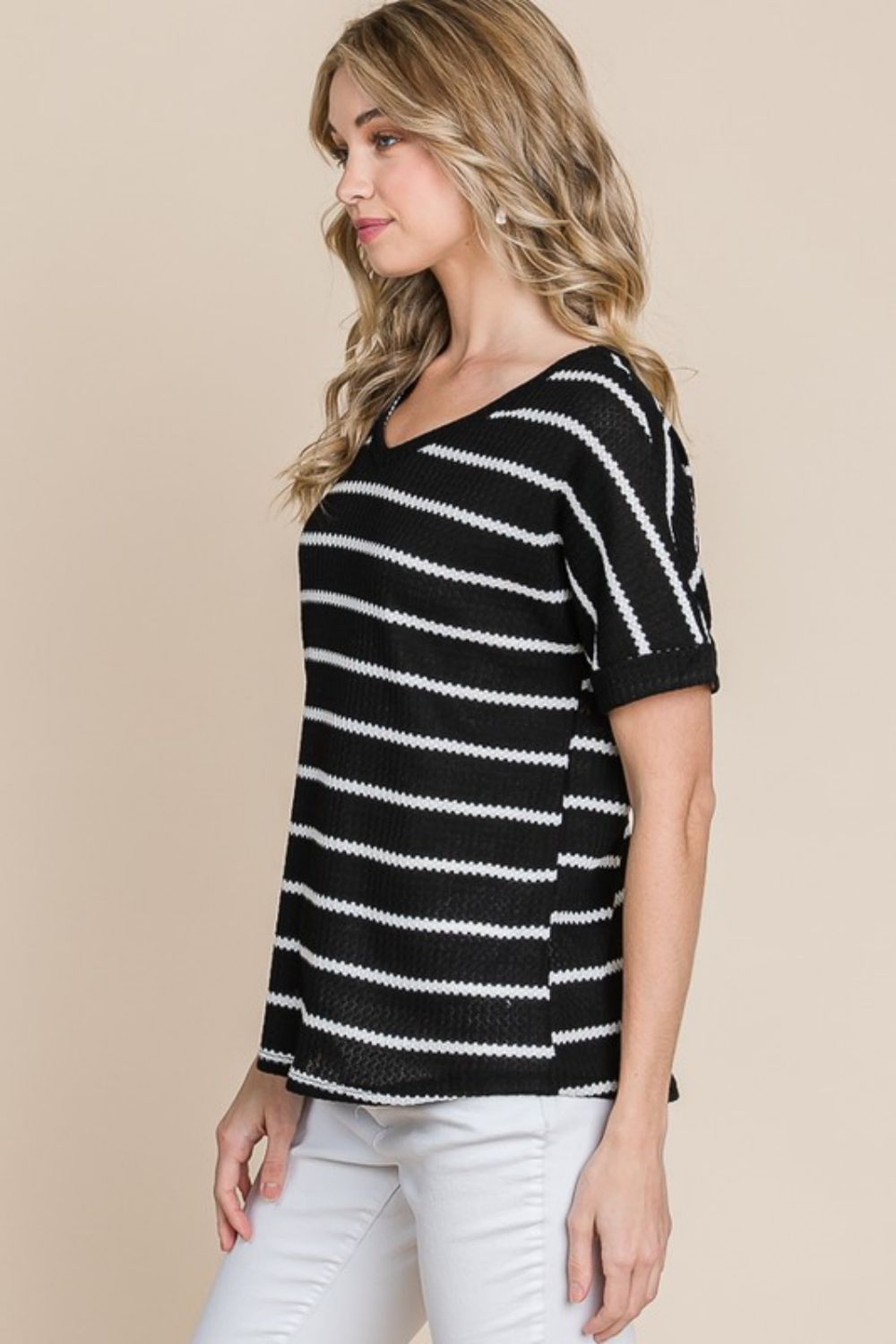 BOMBOM Simple Goals Waffle Knit Striped Tee featuring a chic v-neck and textured stripes, perfect for casual styling.