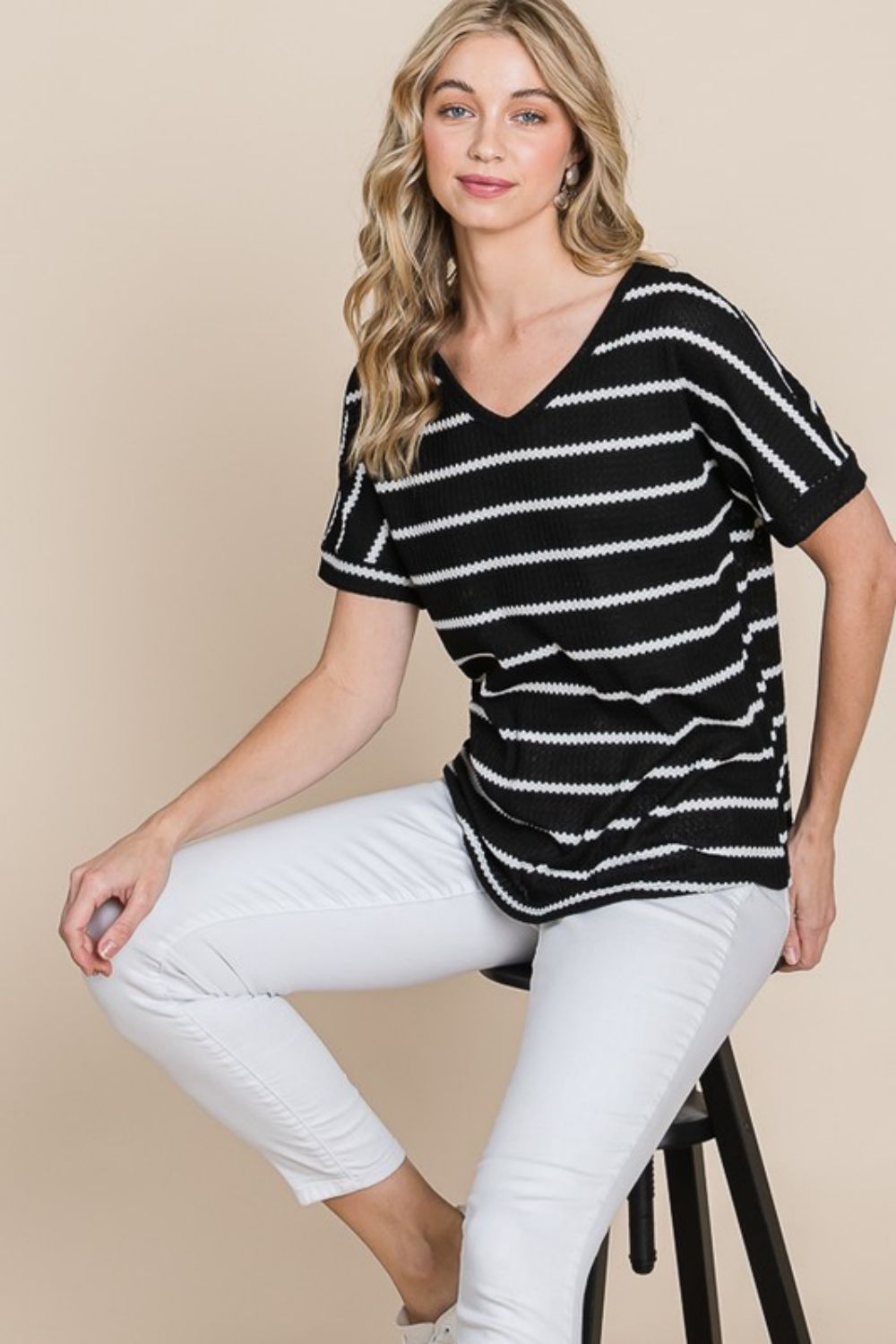 BOMBOM Simple Goals Waffle Knit Striped Tee featuring a chic v-neck and textured stripes, perfect for casual styling.