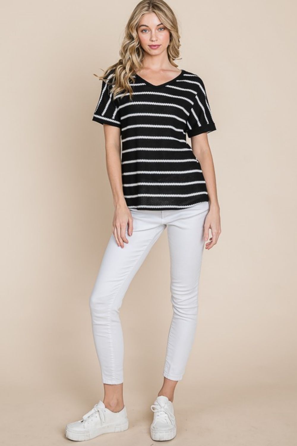 BOMBOM Simple Goals Waffle Knit Striped Tee featuring a chic v-neck and textured stripes, perfect for casual styling.