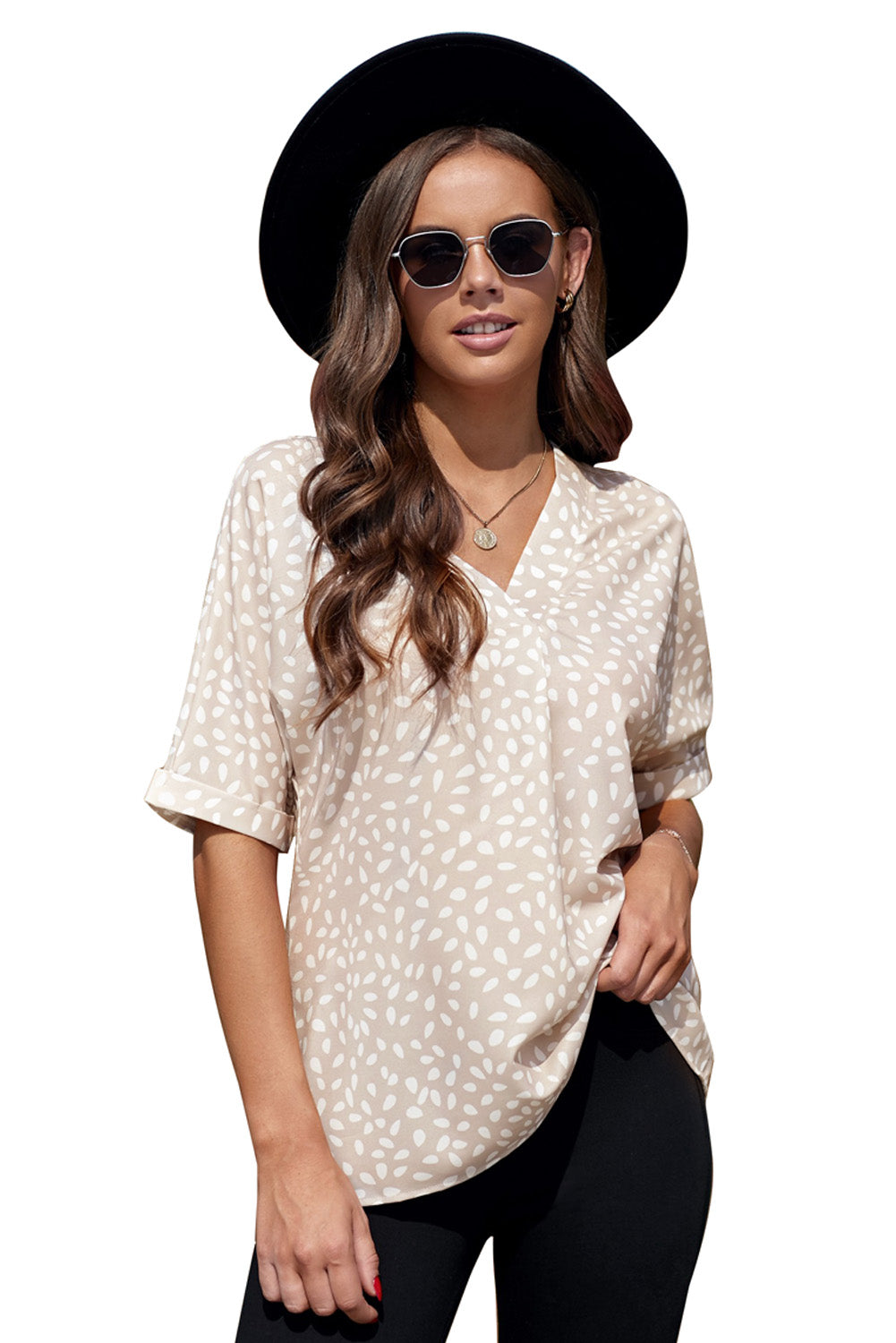 Chic Apricot Chloe Animal Print V-neck Tunic Top with rolled sleeves, featuring a stylish animal print design.