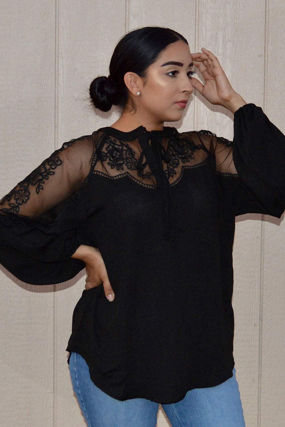 Chic Black Formal Invitation Lace Blouse featuring lace insets and long balloon sleeves, perfect for casual and formal occasions.