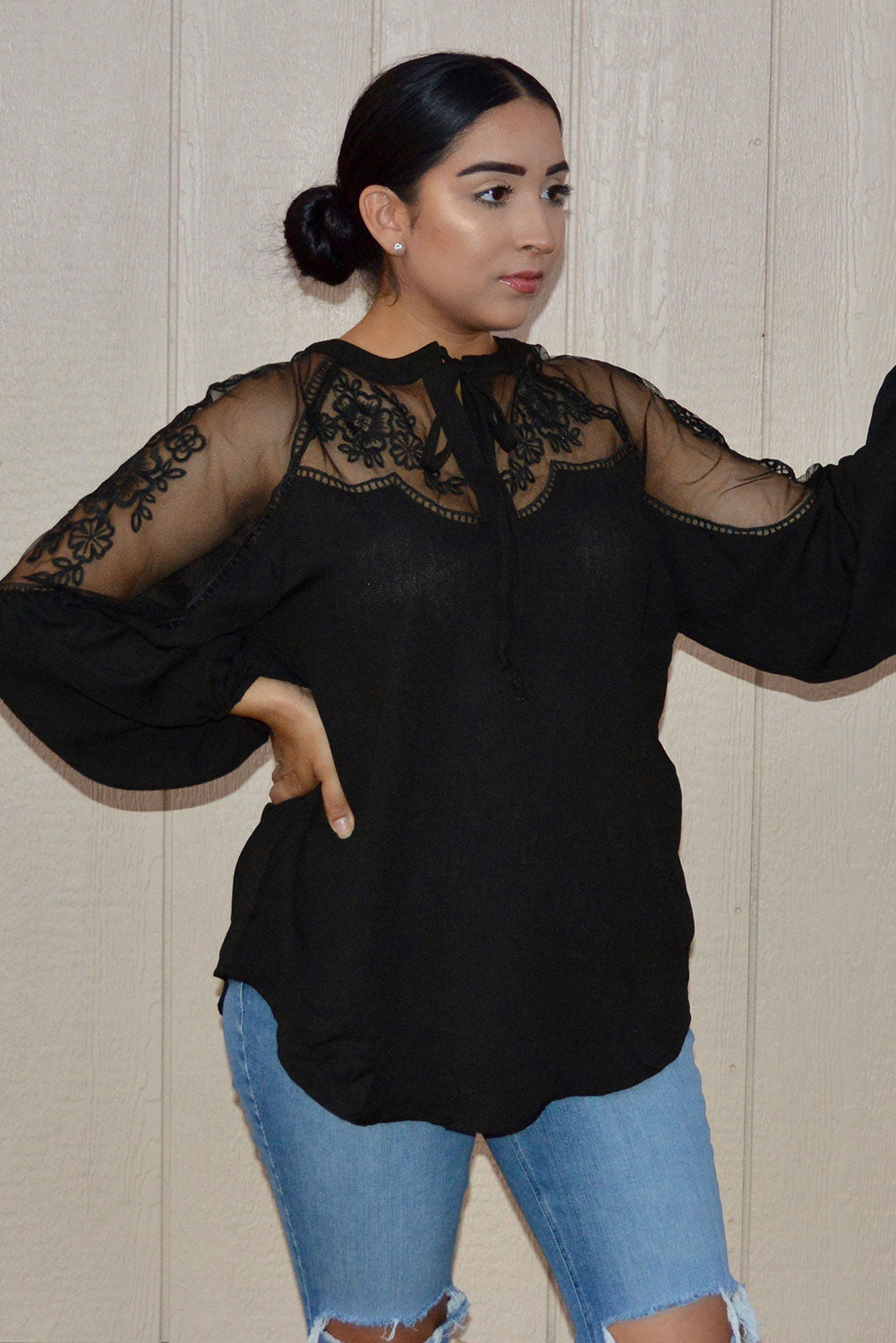 Chic Black Formal Invitation Lace Blouse featuring lace insets and long balloon sleeves, perfect for casual and formal occasions.