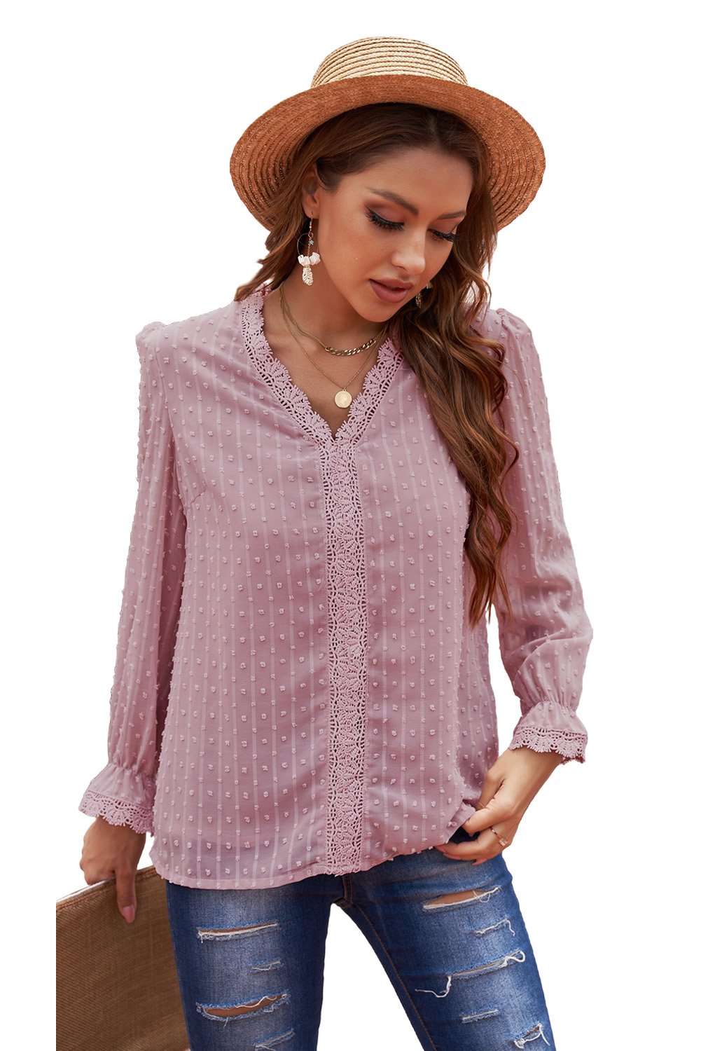Chic pink long sleeve blouse featuring a v-neck and swiss dot lace details, perfect for casual and formal occasions.