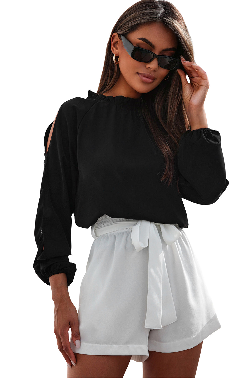 A stylish Cold Shoulder Bishop Sleeve Blouse featuring an asymmetrical neckline and elegant bishop sleeves, perfect for various occasions.