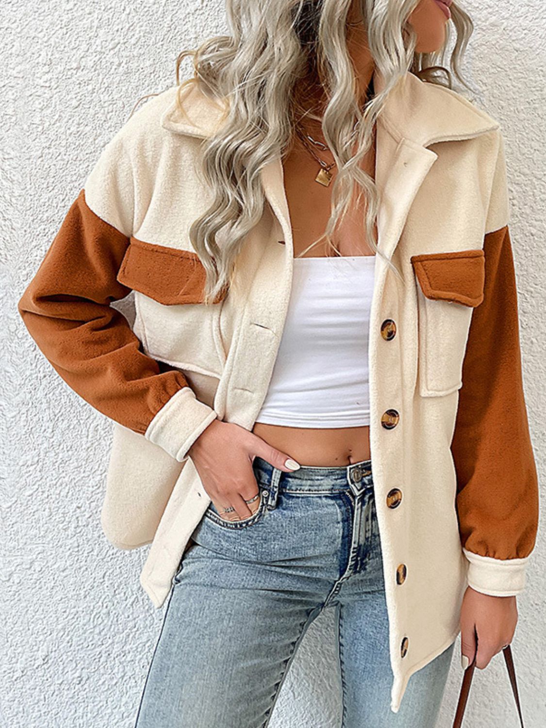 Contrast Button-Up Fleece Jacket featuring a two-tone design, collared neck, and buttoned front, made from 100% polyester.