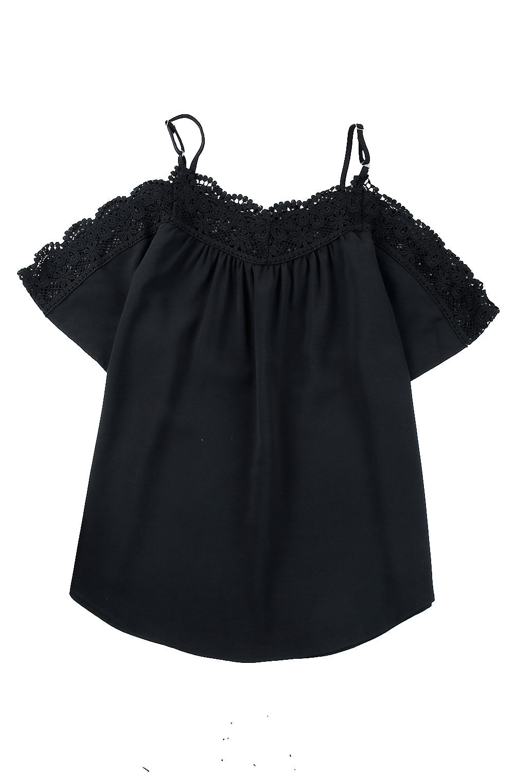 A stylish black Crochet Neckline Off-shoulder Top featuring 3-D floral details, perfect for summer outings.