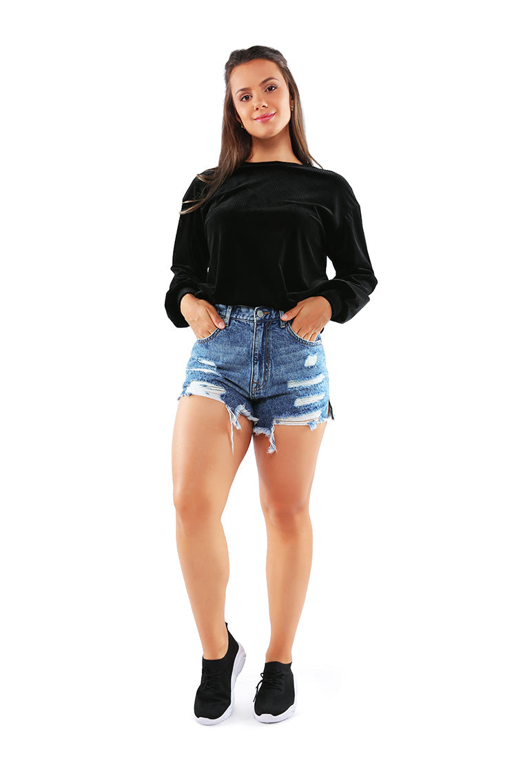 A cozy drop shoulder corduroy top featuring full sleeves and a relaxed fit, perfect for loungewear.