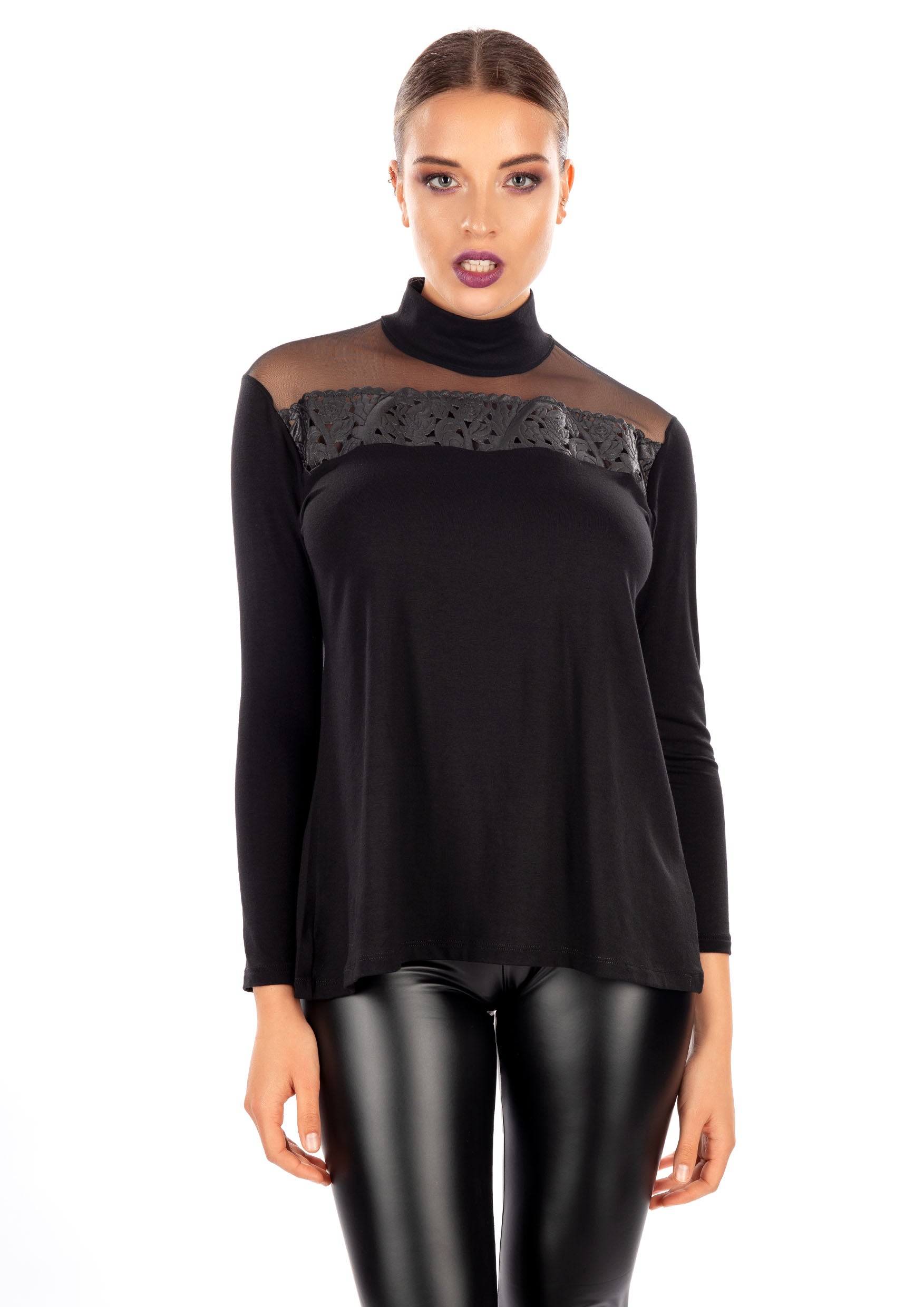EGI Exclusive Collections Long-Sleeve Top featuring leather-look details and tulle panel, elegantly designed and made in Italy.