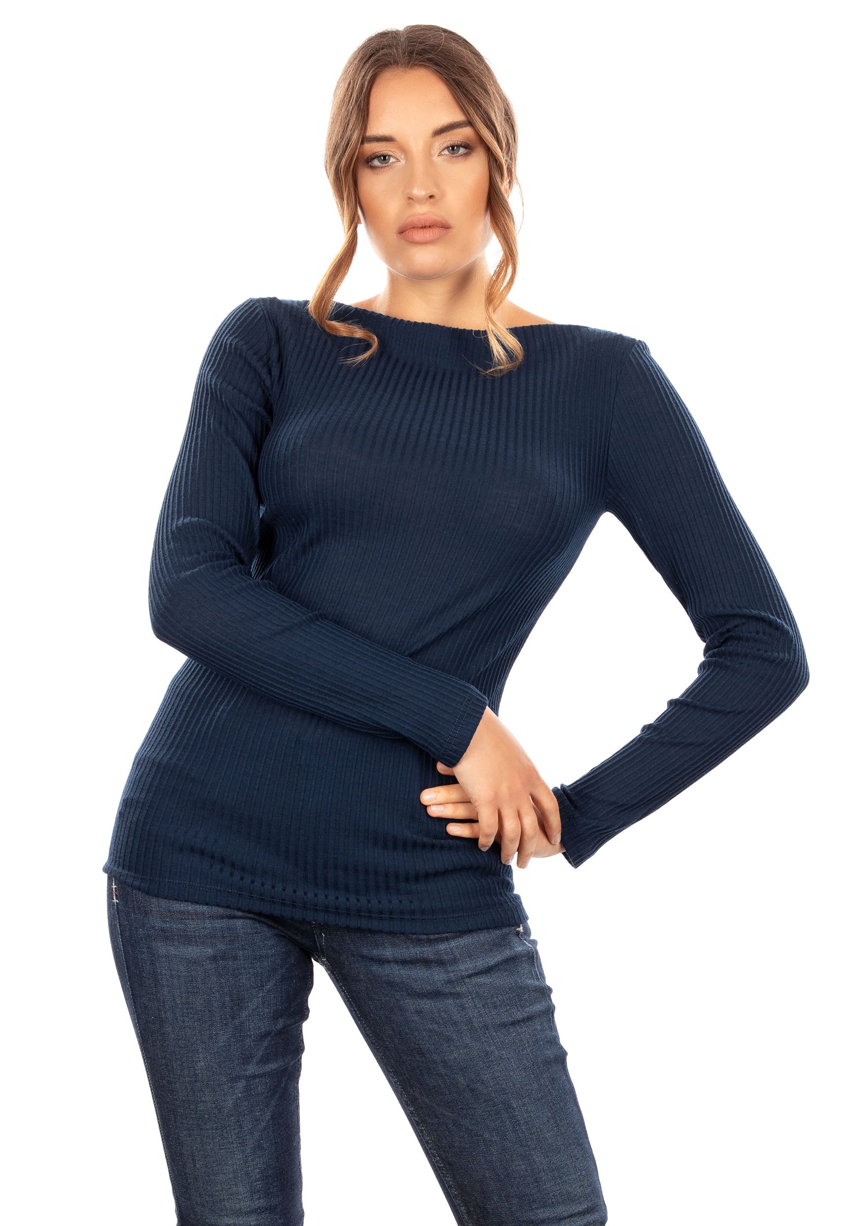 EGI Exclusive Merino Wool Blend Boat Neck Top in a lightweight ribbed knit, showcasing its elegant design and luxurious fabric.