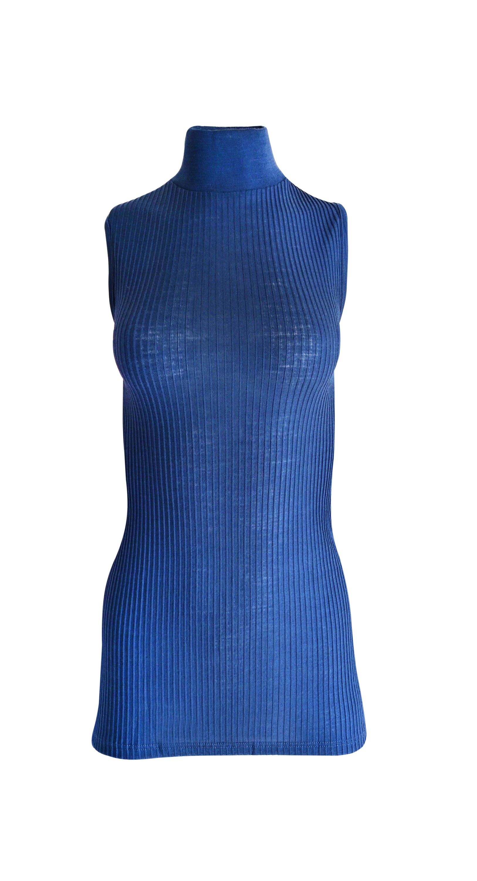 EGI Exclusive Collections Merino Wool Blend Mock Neck Sleeveless Top in a stylish ribbed knit design, showcasing its luxurious fabric and elegant silhouette.
