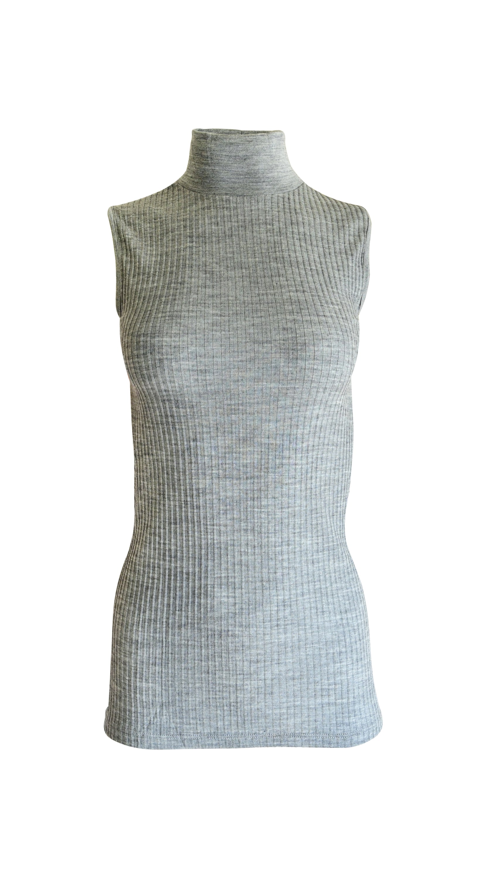 EGI Exclusive Collections Merino Wool Blend Mock Neck Sleeveless Top in a stylish ribbed knit design, showcasing its luxurious fabric and elegant silhouette.