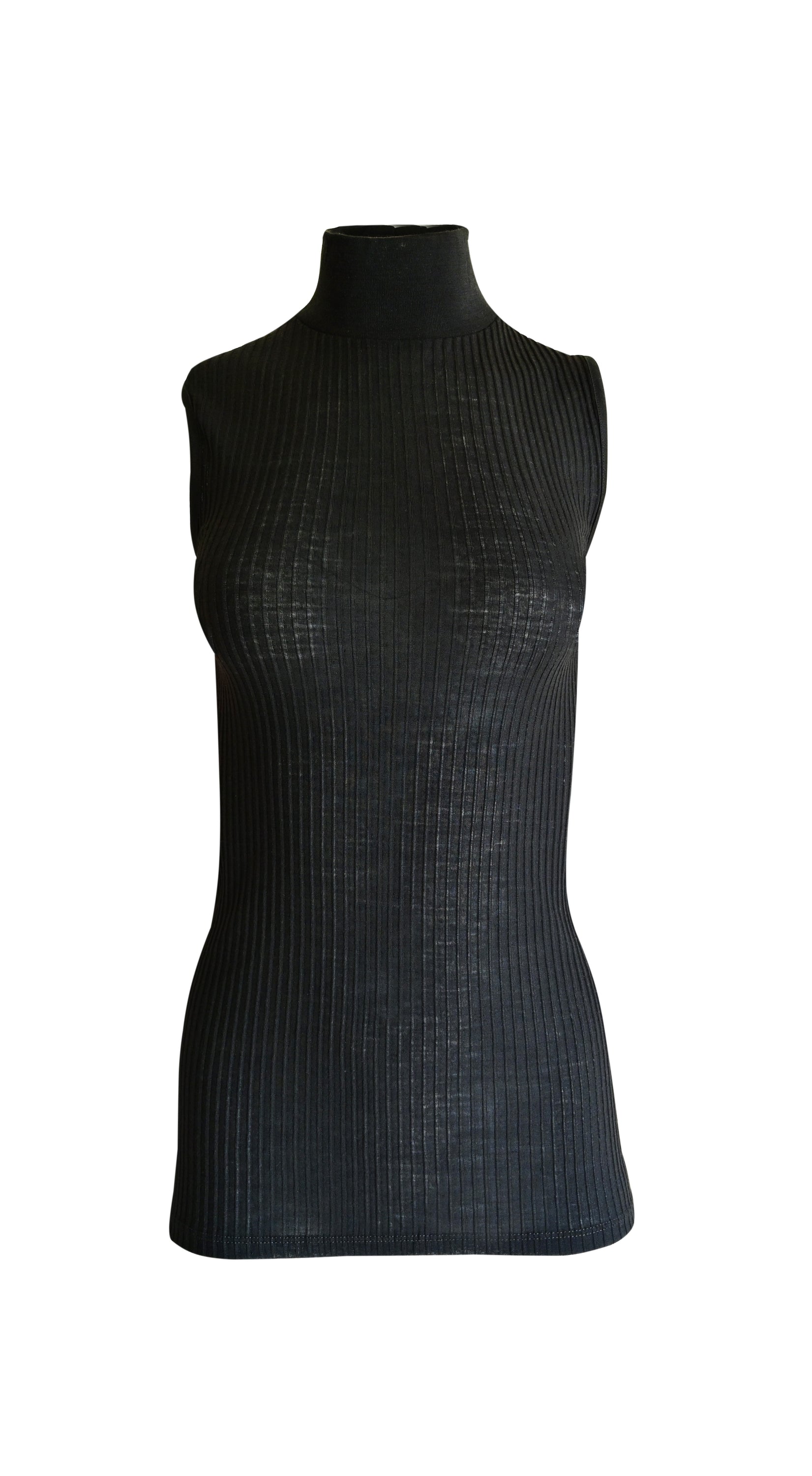 EGI Exclusive Collections Merino Wool Blend Mock Neck Sleeveless Top in a stylish ribbed knit design, showcasing its luxurious fabric and elegant silhouette.