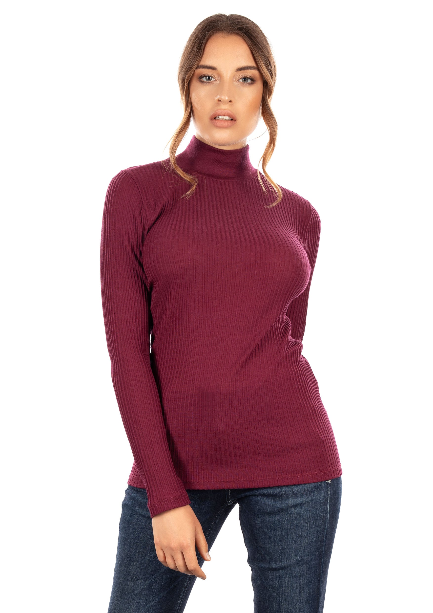EGI Exclusive Collections Merino Wool Blend Mock Neck Top in a stylish ribbed knit, showcasing its luxurious texture and elegant mock neck design.
