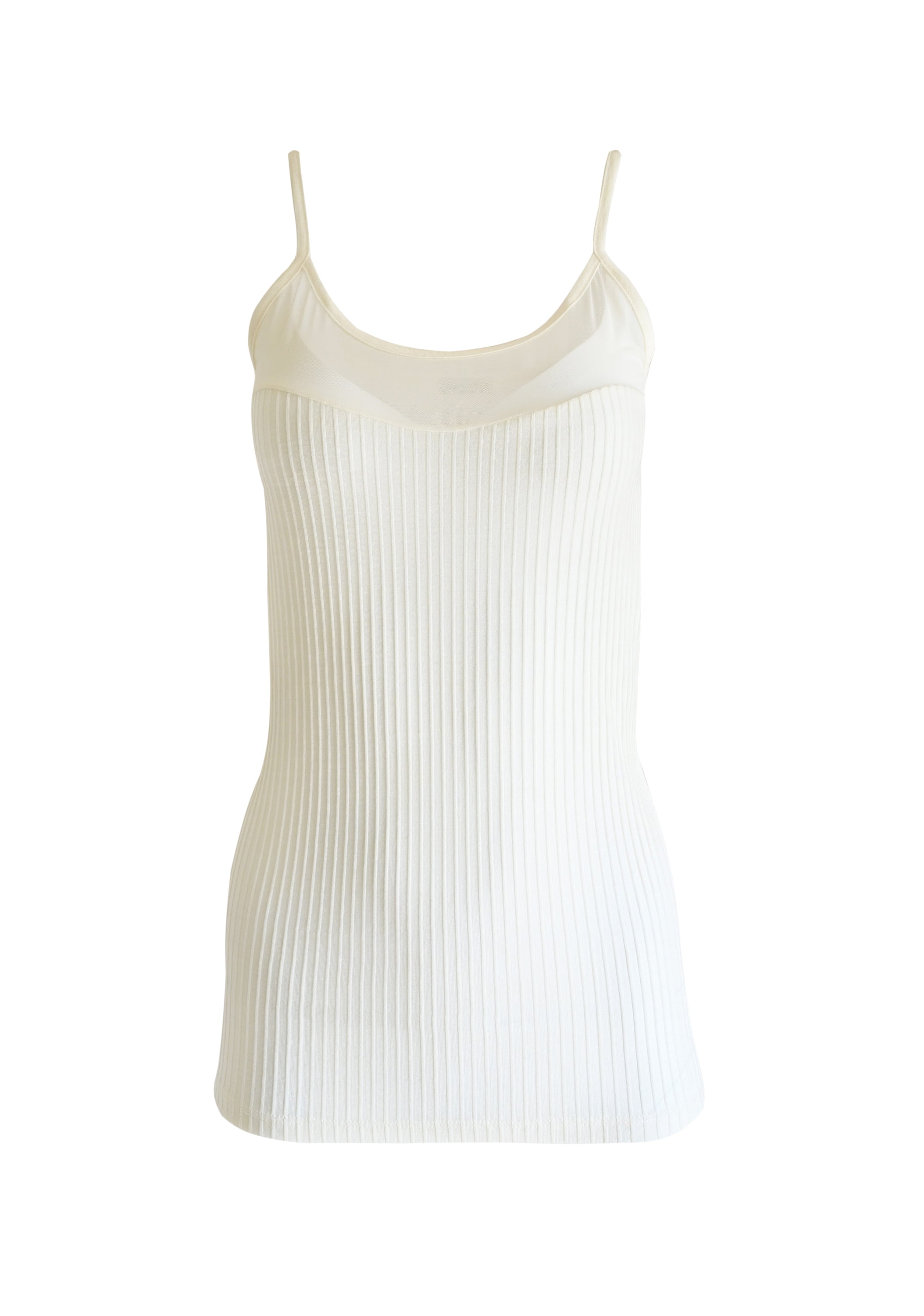 EGI Exclusive Merino Wool Blend Sleeveless Cami featuring tulle detailing, showcasing its luxurious fabric and stylish design.
