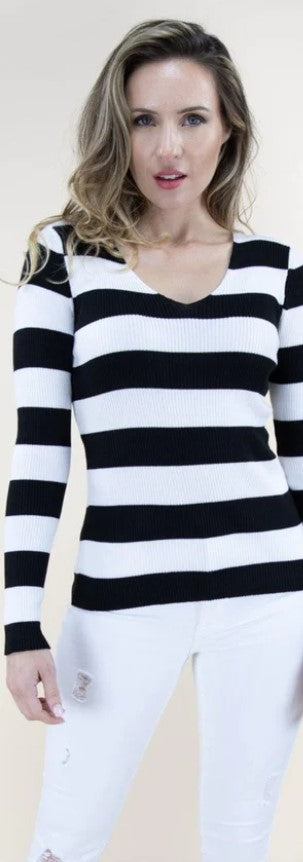 Essential long-sleeve stripe v-neck top in black and white, showcasing a stylish design and lightweight fabric.
