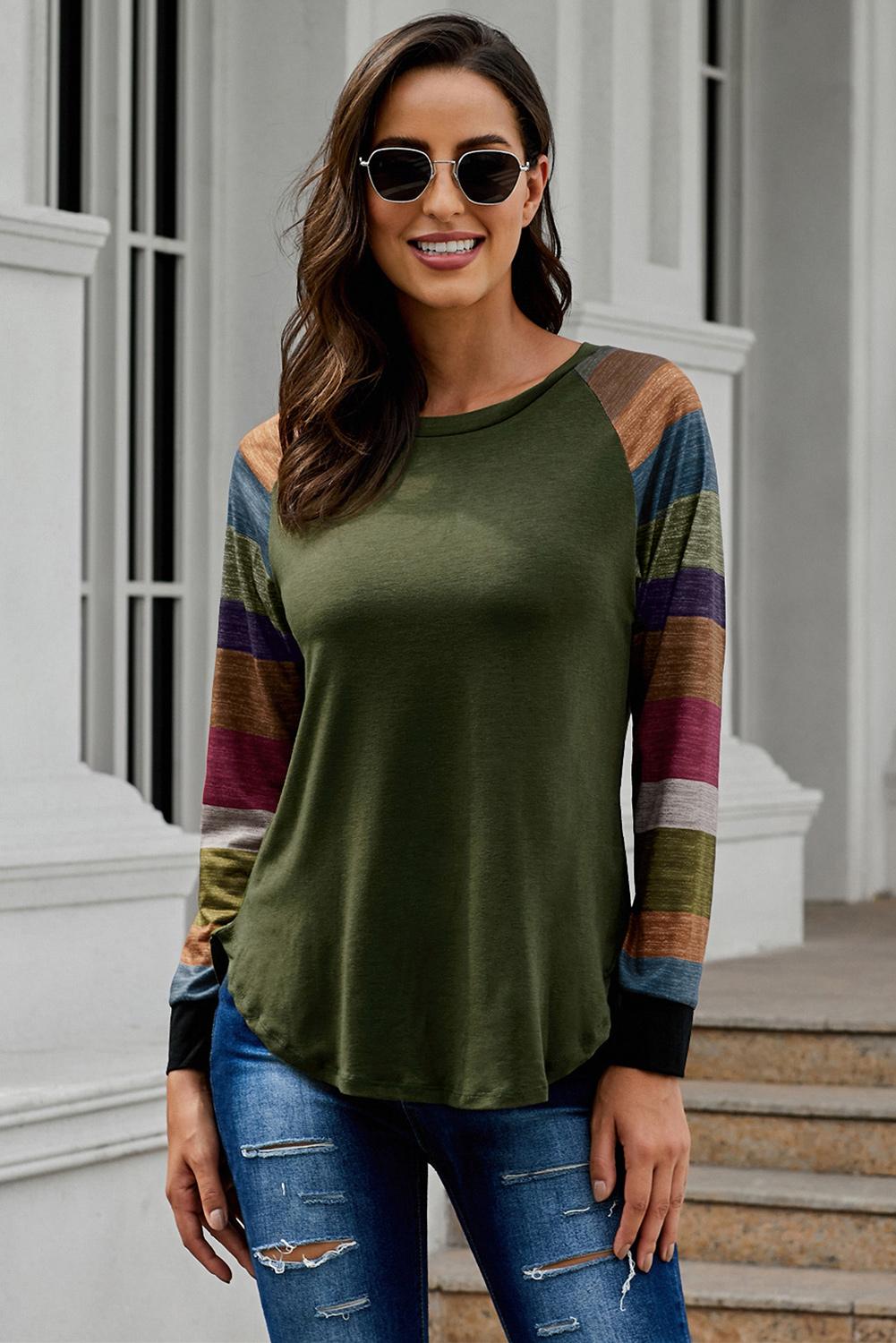 Green Color Block Long Sleeves Pullover Top featuring a solid body and colorblocked sleeves, perfect for casual and stylish outfits.